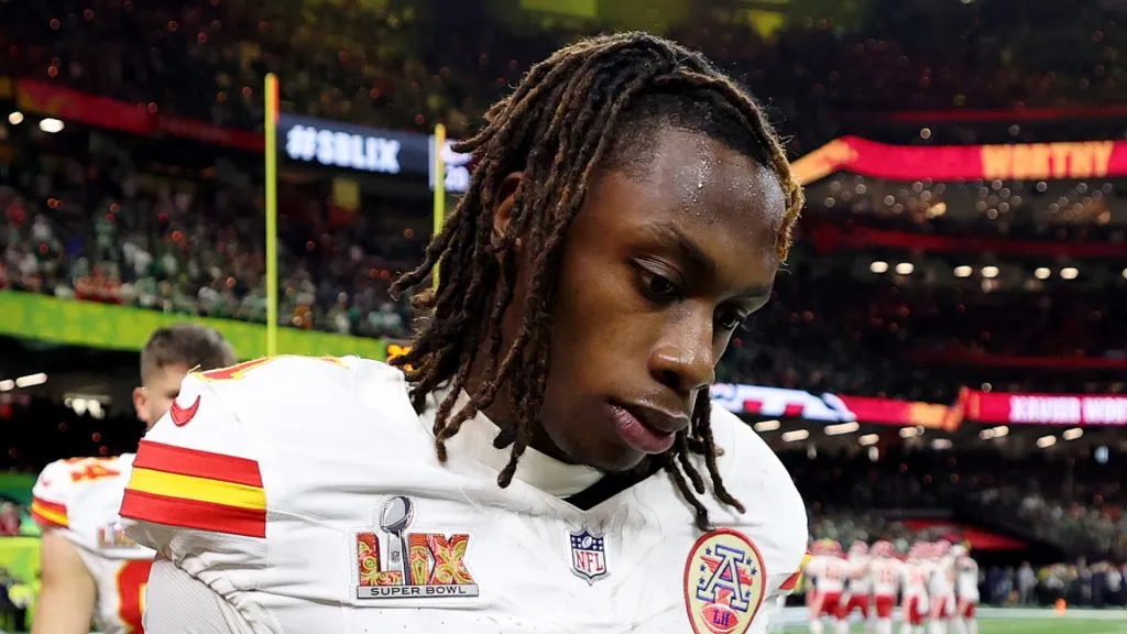 Xavier Worthy walks off the field after Philadelphia beat the Kansas City Chiefs 40-22 during Super Bowl LIX
