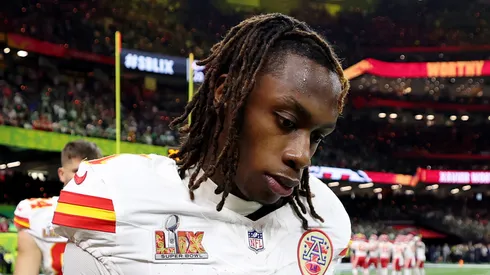 Xavier Worthy #1 of the Kansas City Chiefs walks off the field after Philadelphia beat the Kansas City Chiefs 40-22 during Super Bowl LIX at Caesars Superdome on February 09, 2025 in New Orleans, Louisiana.