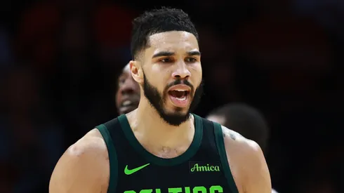 Jayson Tatum #0 of the Boston Celtics reacts to a basket against the Miami Heat during the second half at Kaseya Center on February 10, 2025 in Miami, Florida.