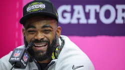 Brandon Graham #55 of the Philadelphia Eagles addresses the media during Super Bowl LIX Opening Night at Caesars Superdome on February 03, 2025 in New Orleans, Louisiana.