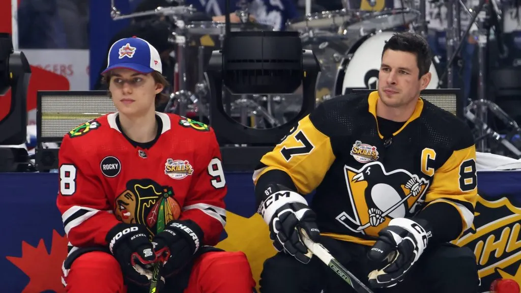 Connor Bedard #98 of the Chicago Blackhawks and Sidney Crosby #87 of the Pittsburgh Penguins take part in the 2024 NHL All-Star Skills Competition on February 02, 2024 in Toronto, Ontario.