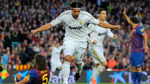 Sami Khedira of Real Madrid CF celebrates after scoring the opening goal during the La Liga match between FC Barcelona and Real Madrid at Camp Nou on April 21, 2012 in Barcelona, Spain.