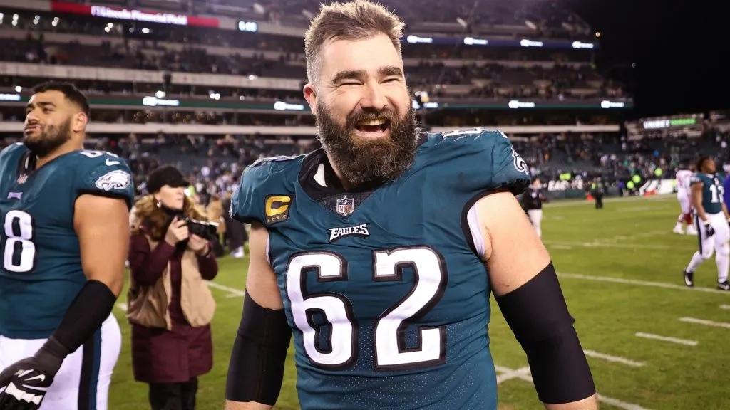 Jason Kelce #62 of the Philadelphia Eagles celebrates on the field after defeating the New York Giants 38-7 in the NFC Divisional Playoff game on January 21, 2023. (Source: Tim Nwachukwu/Getty Images)
