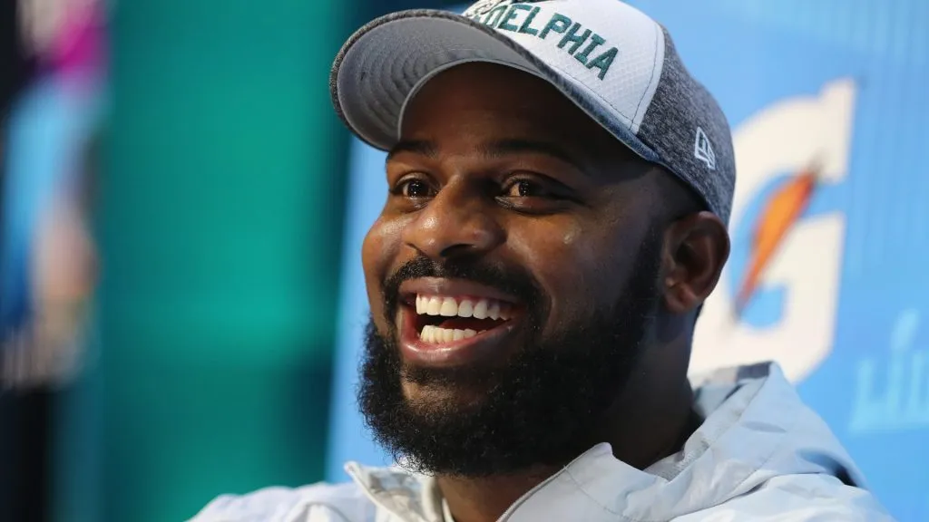 Fletcher Cox #91 of the Philadelphia Eagles speaks to the media during Super Bowl Media Day at Xcel Energy Center on January 29, 2018. (Source: Elsa/Getty Images)