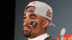 Jalen Hurts #1 of the Philadelphia Eagles speaks to the media during a press conference after beating the Kansas City Chiefs 40-22 to win Super Bowl LIX at Caesars Superdome on February 09, 2025 in New Orleans, Louisiana.