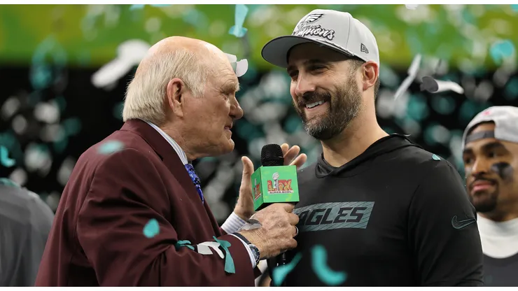 Terry Bradshaw interviews head coach Nick Sirianni of the Philadelphia Eagles during the trophy ceremony after Philadelphia beat the Kansas City Chiefs 40-22 to win Super Bowl LIX at Caesars Superdome on February 09, 2025 in New Orleans, Louisiana.