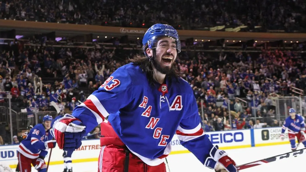 Mika Zibanejad #93 of the New York Rangers scores his hattrick goal at 7:44 of the second period against the Tampa Bay Lightning at Madison Square Garden on January 02, 2022 in New York City.