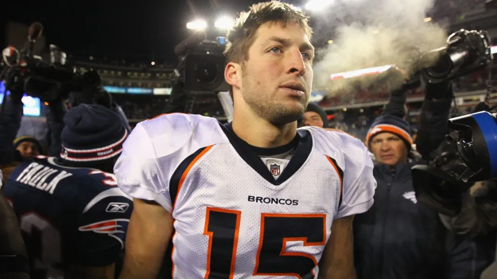 Tim Tebow #15 of the Denver Broncos looks on after the Broncos lost 45-10 against the New England Patriots during their AFC Divisional Playoff Game at Gillette Stadium on January 14, 2012. (Source: Al Bello/Getty Images)