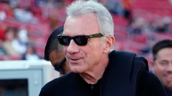 Former National Football League player Joe Montana (R) attends the college football game between the USC Trojans and the Notre Dame Fighting Irish at United Airlines Field at the Los Angeles Memorial Coliseum.