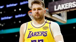 Luka Doncic #77 of the Los Angeles Lakers looks on during the first quarter against the Utah Jazz.