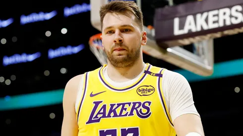 Luka Doncic #77 of the Los Angeles Lakers looks on during the first quarter against the Utah Jazz.