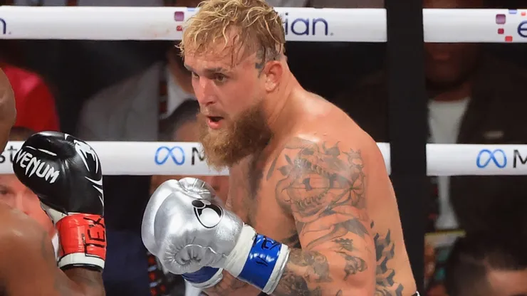 Jake Paul fights Mike Tyson during a heavyweight bout at AT&T Stadium on November 15, 2024 in Arlington, Texas.