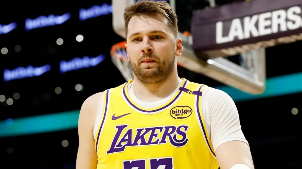 Luka Doncic #77 of the Los Angeles Lakers looks on during the first quarter against the Utah Jazz at Crypto.com Arena on February 10, 2025. (Source: Ronald Martinez/Getty Images)