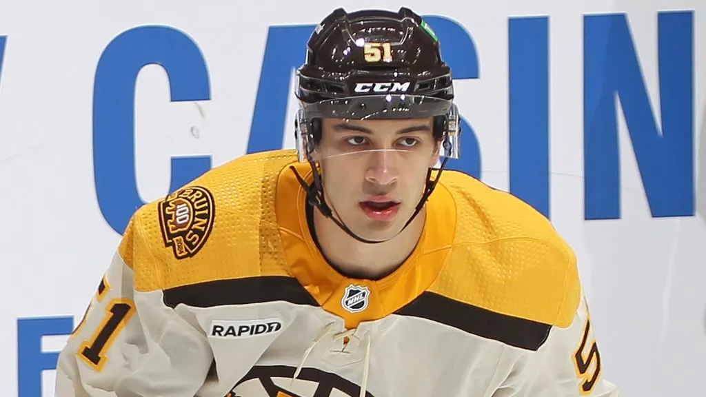 Matthew Poitras #51 of the Boston Bruins warms up prior to playing against the Toronto Maple Leafs in an NHL game at Scotiabank Arena on December 2, 2023 in Toronto, Ontario, Canada.