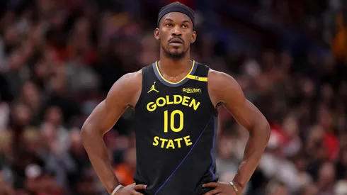 Jimmy Butler #10 of the Golden State Warriors looks on against the Chicago Bulls during the first half at the United Center.