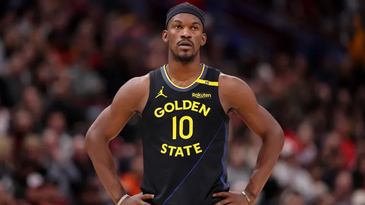 Jimmy Butler #10 of the Golden State Warriors looks on against the Chicago Bulls during the first half at the United Center.