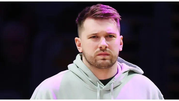 Luka Doncic #77 of the Los Angeles Lakers looks on prior to a game against the Indiana Pacers at Crypto.com Arena on February 08, 2025 in Los Angeles, California.