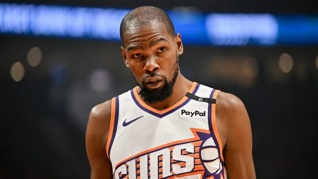 Kevin Durant #35 of the Phoenix Suns looks on during the first quarter of the game against the Portland Trail Blazers.