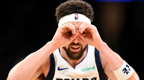 Klay Thompson #31 of the Dallas Mavericks reacts after a three-point basket against the Boston Celtics during the third quarter at the TD Garden on February 06, 2025 in Boston, Massachusetts.