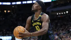 Jimmy Butler #10 of the Golden State Warriors takes a three point shot during a game against the Milwaukee Bucks on February 10, 2025.