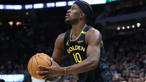 Jimmy Butler #10 of the Golden State Warriors takes a three point shot during a game against the Milwaukee Bucks on February 10, 2025.