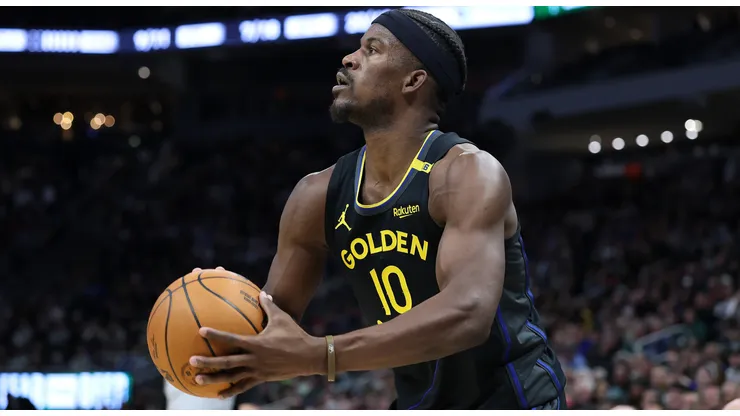 Jimmy Butler #10 of the Golden State Warriors takes a three point shot during a game against the Milwaukee Bucks on February 10, 2025.