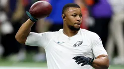 Saquon Barkley #26 of the Philadelphia Eagles warms up before Super Bowl LIX against the Kansas City Chiefs at Caesars Superdome on February 09, 2025 in New Orleans, Louisiana.