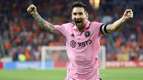 Lionel Messi #10 of Inter Miami CF celebrates a goal.