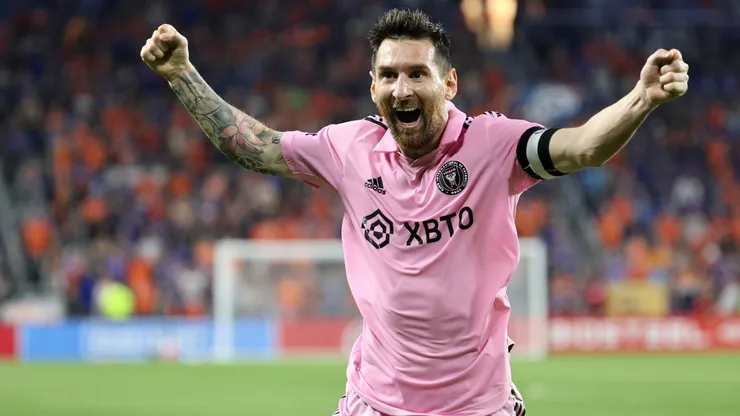 Lionel Messi #10 of Inter Miami CF celebrates a goal.