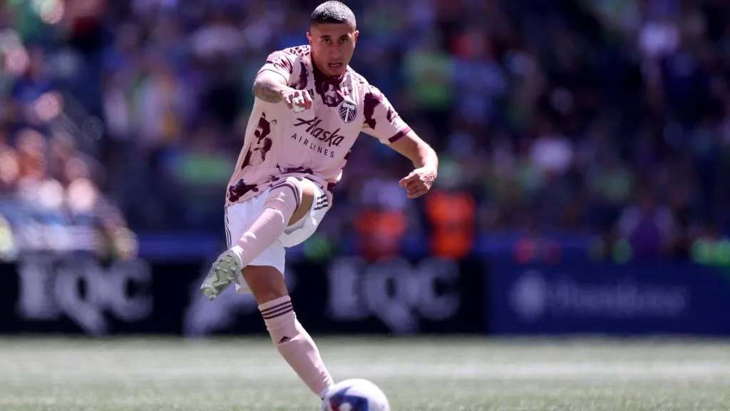 Marvin Loría #44 of Portland Timbers passes the ball against the Seattle Sounders during the second half at Lumen Field on June 03, 2023. (Source: Steph Chambers/Getty Images)