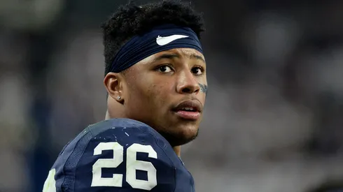 Running back Saquon Barkley #26 of the Penn State Nittany Lions looks on during the second half of the PlayStation Fiesta Bowl against the Washington Huskies at University of Phoenix Stadium on December 30, 2017 in Glendale, Arizona. The Penn State Nittany Lions won 35-28.