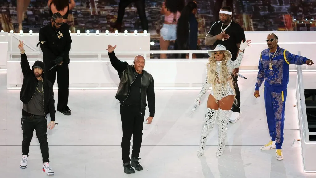 Eminem, Kendrick Lamar, Dr. Dre, Mary J. Blige, 50 Cent and Snoop Dogg perform during the Pepsi Super Bowl LVI Halftime Show at SoFi Stadium on February 13, 2022. (Source: Gregory Shamus/Getty Images)