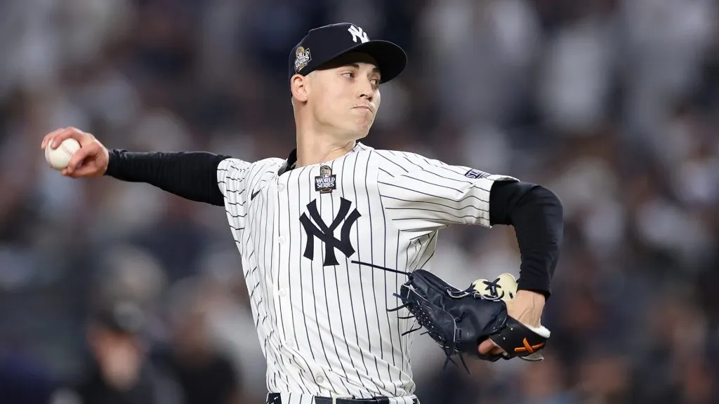 Luke Weaver #30 of the New York Yankees pitches during the eighth inning of Game Five of the 2024 World Series against the Los Angeles Dodgers at Yankee Stadium on October 30, 2024 in the Bronx borough of New York City. (Photo by Sarah Stier/Getty Images)