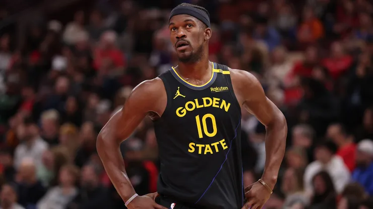 Jimmy Butler #10 of the Golden State Warriors looks on against the Chicago Bulls during the second half at the United Center on February 08, 2025.