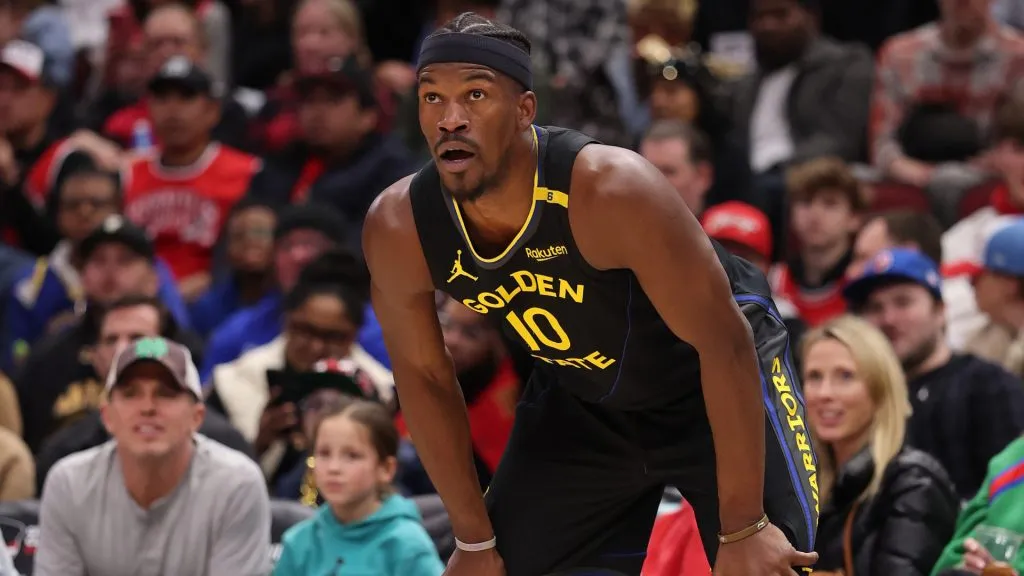 Jimmy Butler #10 of the Golden State Warriors looks on against the Chicago Bulls during the second half at the United Center on February 08, 2025. (Source: Michael Reaves/Getty Images)