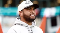 Tua Tagovailoa #1 of the Miami Dolphins looks on prior to the game against the San Francisco 49ers at Hard Rock Stadium on December 22, 2024 in Miami Gardens, Florida.