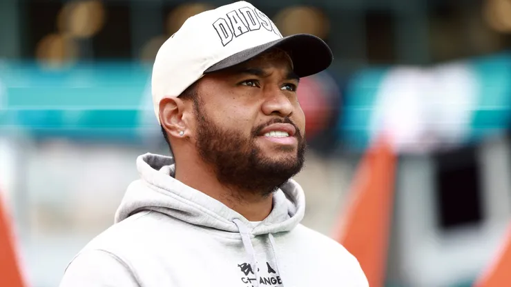 Tua Tagovailoa #1 of the Miami Dolphins looks on prior to the game against the San Francisco 49ers at Hard Rock Stadium on December 22, 2024 in Miami Gardens, Florida.
