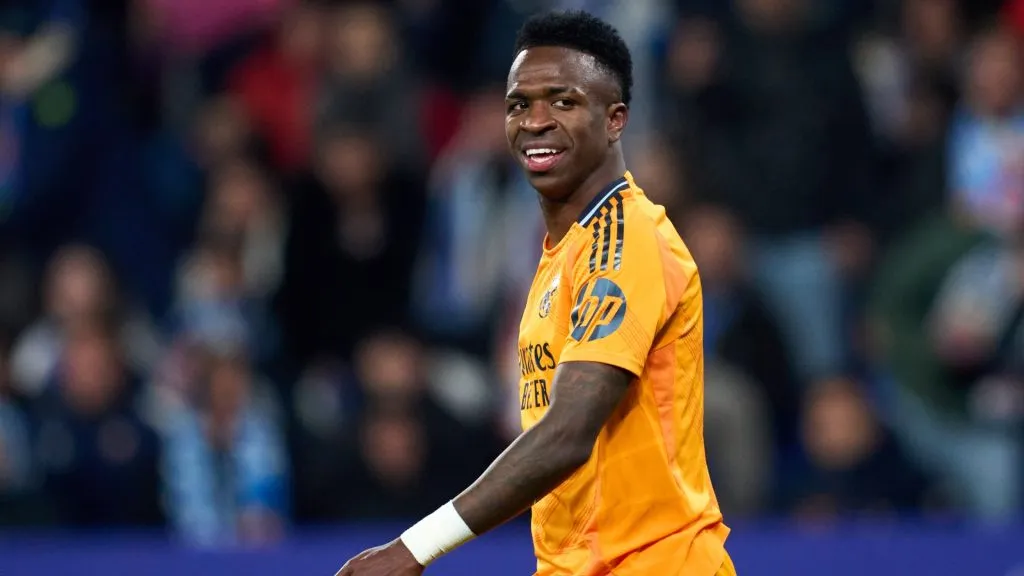 Vinicius Junior of Real Madrid CF looks on during the LaLiga match between RCD Espanyol de Barcelona and Real Madrid CF at RCDE Stadium on February 01, 2025. (Source: Alex Caparros/Getty Images)