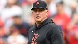 A.J. Hinch #14 of the Detroit Tigers walks to the pitching mound during the eighth inning against the Cleveland Guardians during Game Five of the Division Series at Progressive Field on October 12, 2024 in Cleveland, Ohio.