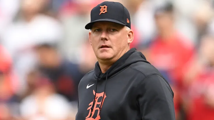 A.J. Hinch #14 of the Detroit Tigers walks to the pitching mound during the eighth inning against the Cleveland Guardians during Game Five of the Division Series at Progressive Field on October 12, 2024 in Cleveland, Ohio.