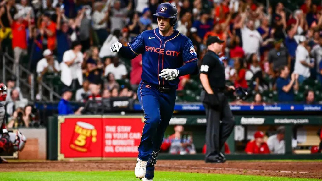 Alex Bregman #2 of the Houston Astros celebrates after hitting a solo home run in the eighth inning against the St. Louis Cardinals at Minute Maid Park on June 03, 2024 in Houston, Texas. (Photo by Logan Riely/Getty Images)