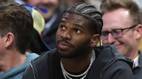 Shedeur Sanders watches the Denver Nuggets play the Portland Trail Blazers in the third quarter at Ball Arena on February 10, 2025 in Denver, Colorado.