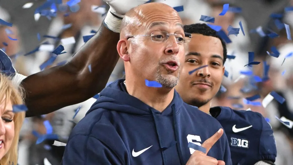Head coach James Franklin of the Penn State Nittany Lions celebrates following the 2024 Vrbo Fiesta Bowl against the Boise State Broncos at State Farm Stadium on December 31, 2024 in Glendale, Arizona. Penn State defeated Boise State 31-14.