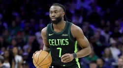 Jaylen Brown #7 of the Boston Celtics dribbles the ball during a game against the Philadelphia 76ers at the Wells Fargo Center on February 02, 2025 in Philadelphia, Pennsylvania.