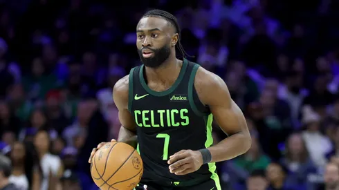 Jaylen Brown #7 of the Boston Celtics dribbles the ball during a game against the Philadelphia 76ers at the Wells Fargo Center on February 02, 2025 in Philadelphia, Pennsylvania.