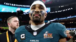 Jalen Hurts #1 of the Philadelphia Eagles celebrates on the field after defeating the Kansas City Chiefs 40-22 to win Super Bowl LIX at Caesars Superdome on February 09, 2025 in New Orleans, Louisiana.