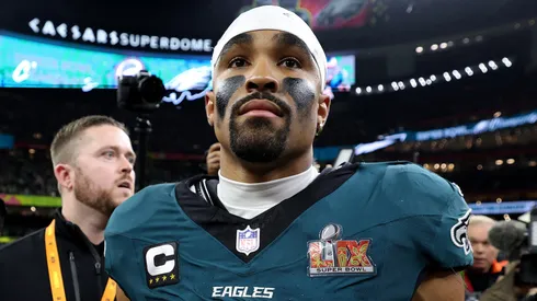 Jalen Hurts #1 of the Philadelphia Eagles celebrates on the field after defeating the Kansas City Chiefs 40-22 to win Super Bowl LIX at Caesars Superdome on February 09, 2025 in New Orleans, Louisiana.