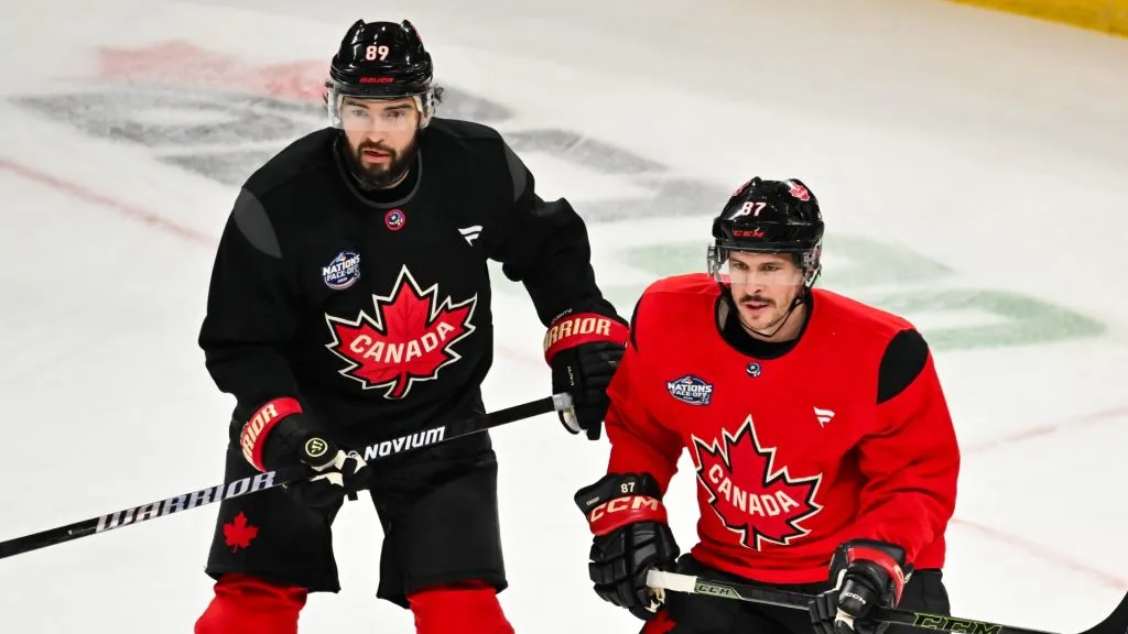 Drew Doughty #89 and teammate Sidney Crosby #87 of Canada skate at practice during media day ahead of the 2025 NHL 4 Nations Face-Off at the Bell Centre on February 11, 2025 in Montreal, Quebec, Canada.
