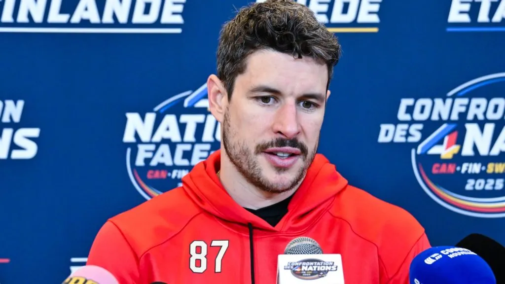 Sidney Crosby #87 of Canada takes questions during media day ahead of the 2025 NHL 4 Nations Face-Off at the Bell Centre on February 11, 2025 in Montreal, Quebec, Canada.