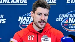 Sidney Crosby #87 of Canada takes questions during media day ahead of the 2025 NHL 4 Nations Face-Off at the Bell Centre on February 11, 2025 in Montreal, Quebec, Canada.